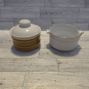 Vtg Imperial Stoneware Sugar‎ Bowl with Lid And Creamer Speckled Brown And White